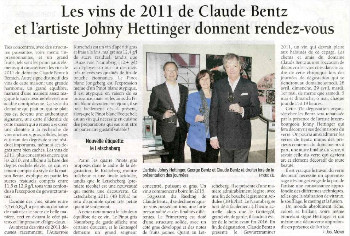 Les vins de 2011 de Claude Bentz et l'artiste Johny Hettinger donnent rendez-vous